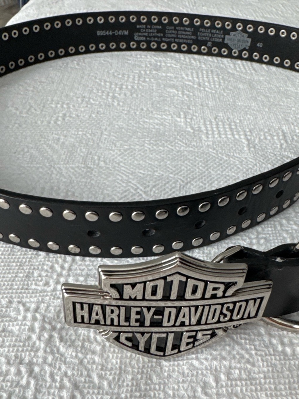 Harley-Davidson Men’s Black Leather Studded Belt with Silver Logo Buckle
